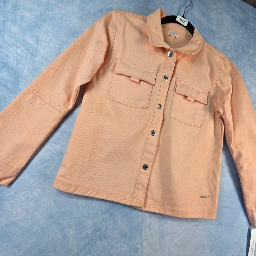 Tahari Girl Peach Orange Denim‎ Jacket Button Front Twill Coat Kids Size 12 NEW